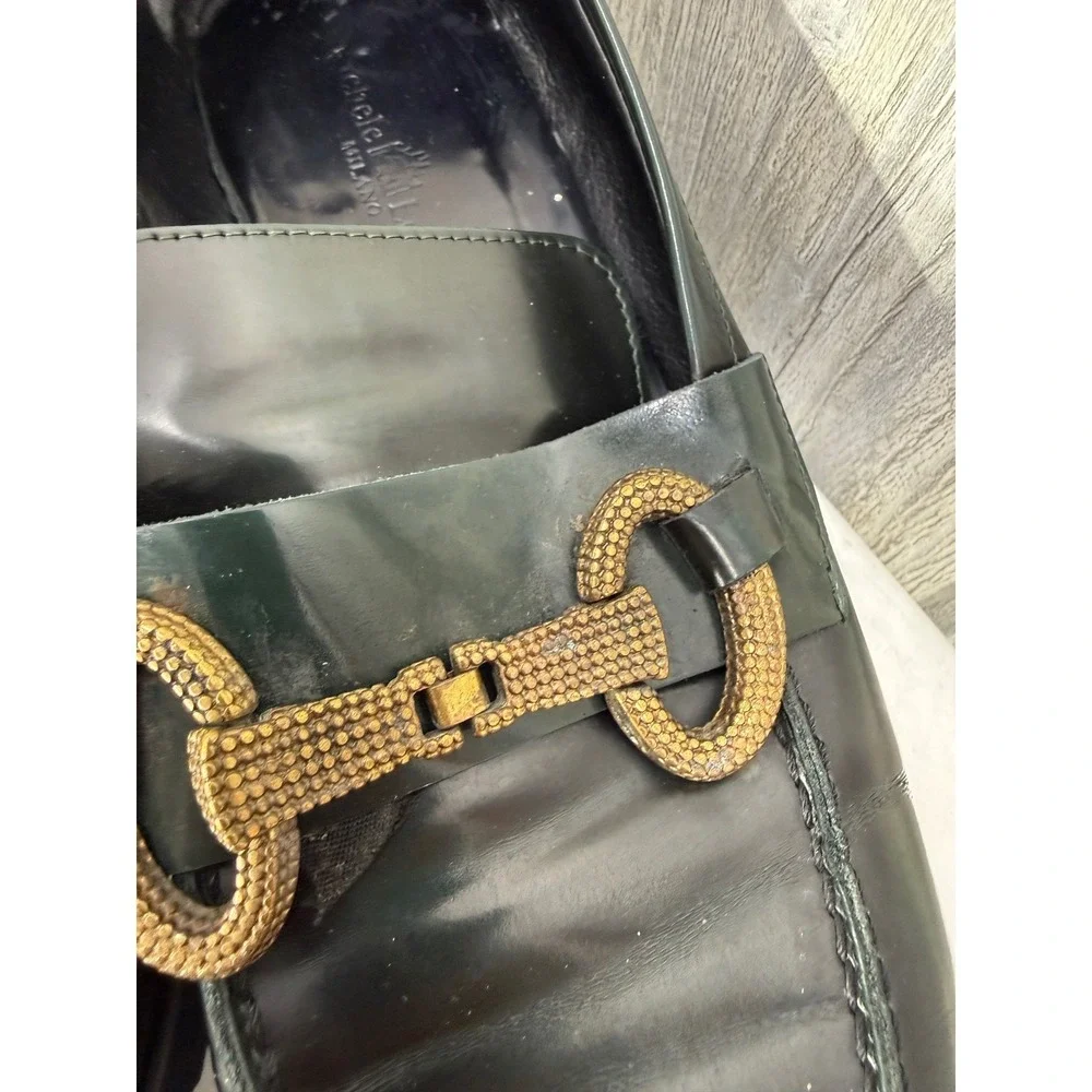 Michele Lopriore Milano Green Leather Horsebit Loafers Gold Buckle Made in Italy